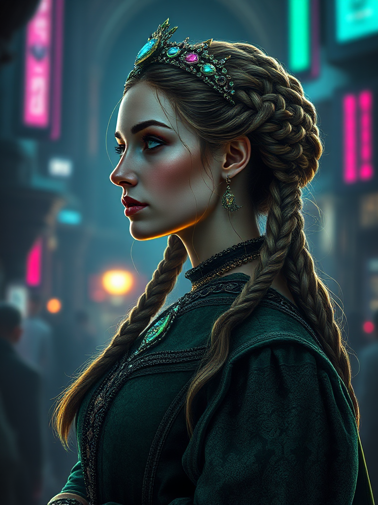 The same Arthurian noble lady reinterpreted in a cyberpunk style