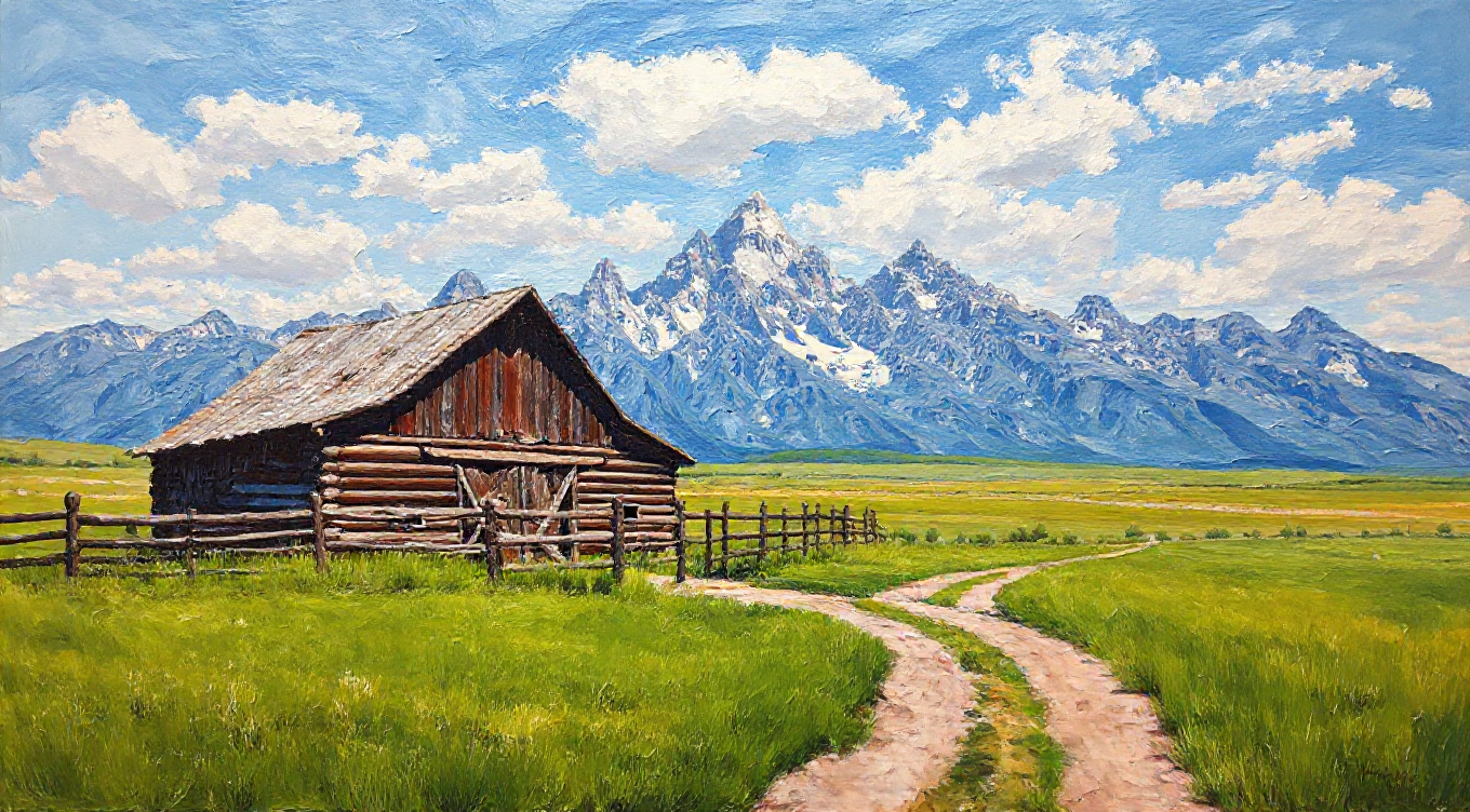 Acrylic-style American West landscape of Moulton Barn and the Tetons