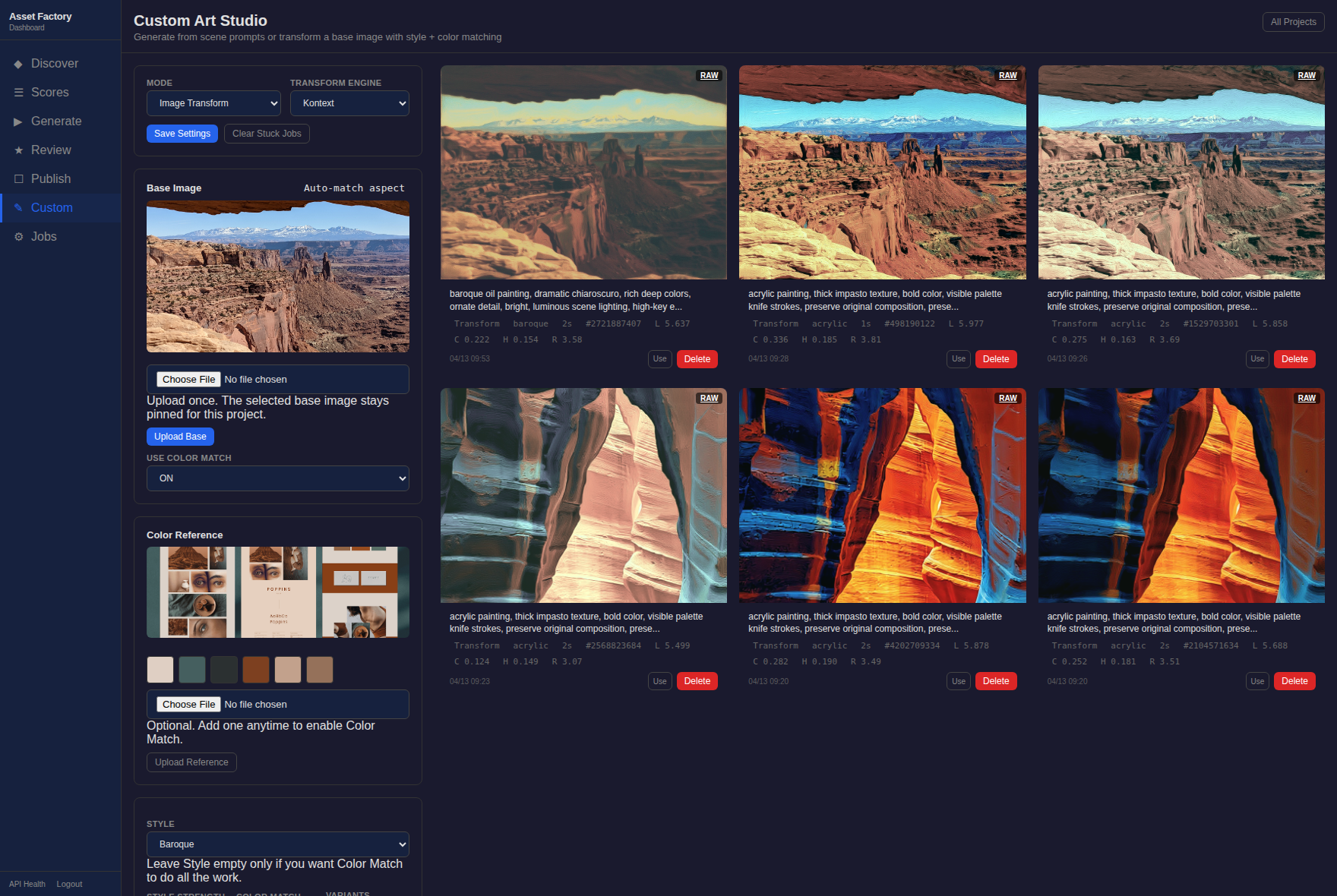 Custom Art Studio with image-transform controls, a color reference, and a gallery marked RAW