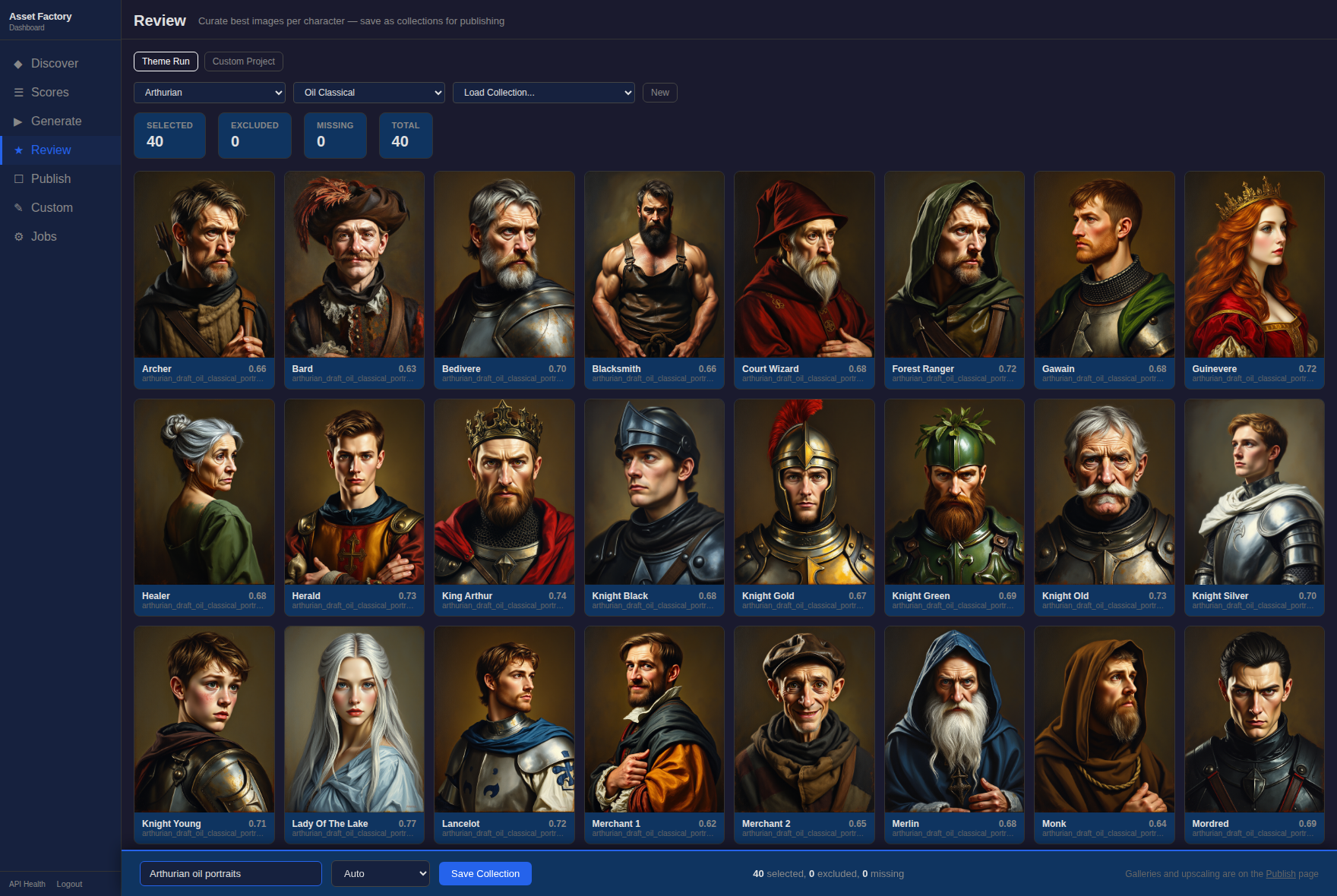 Review dashboard showing scored Arthurian oil-classical portraits and collection save controls