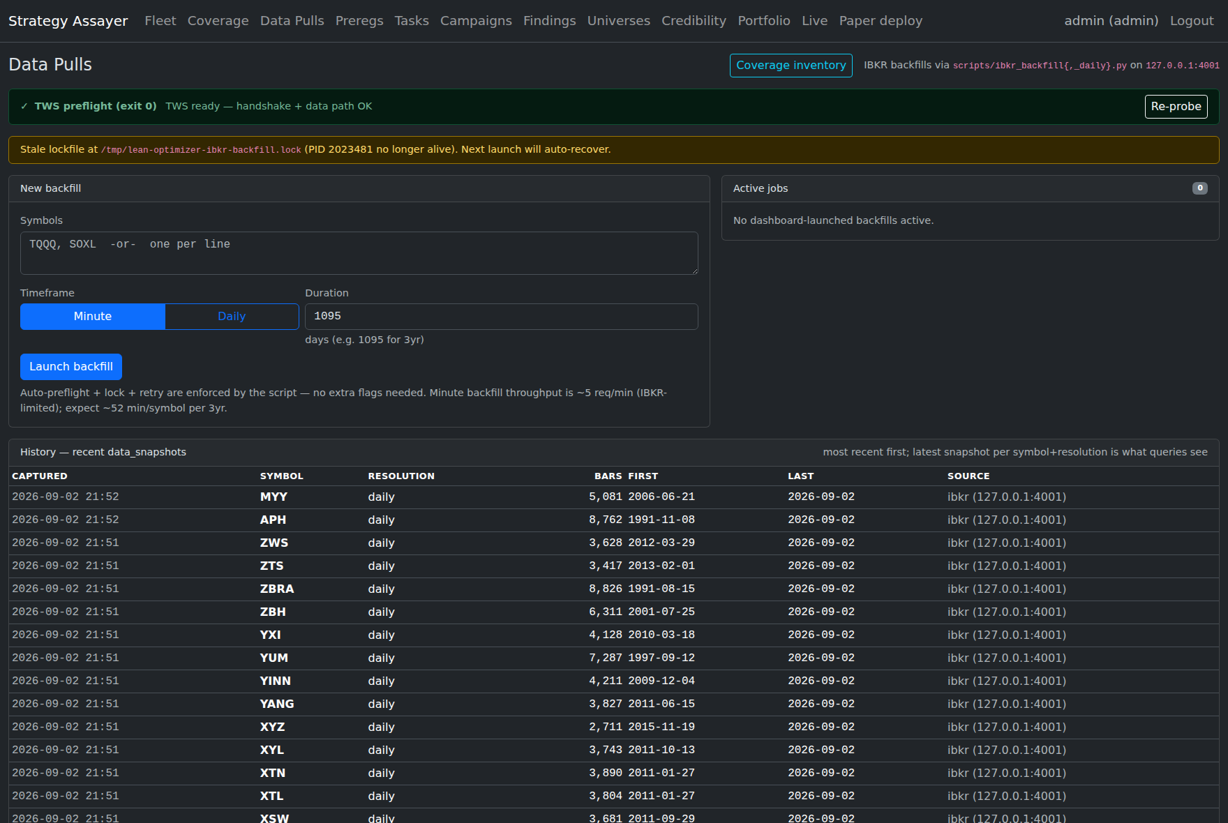 Data Pulls page with backfill controls and a history of captured market snapshots
